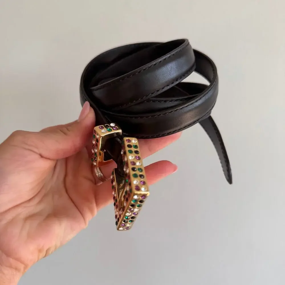 Sezane Charline Cow Leather Multicolor Crystal Gold Buckle Belt Black